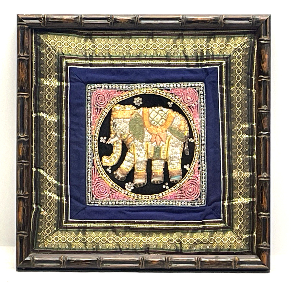 Vintage Thai Elephant Embroidered Sequin Textile Tapestry Framed Wall Art 17x17